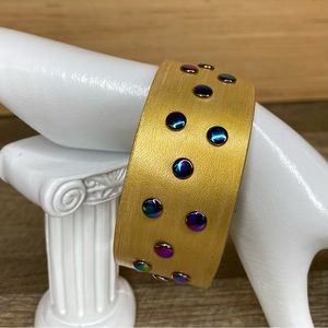 Plus size leather cuff painted gold/rainbow rivets 1.25” wide handmade jewelry